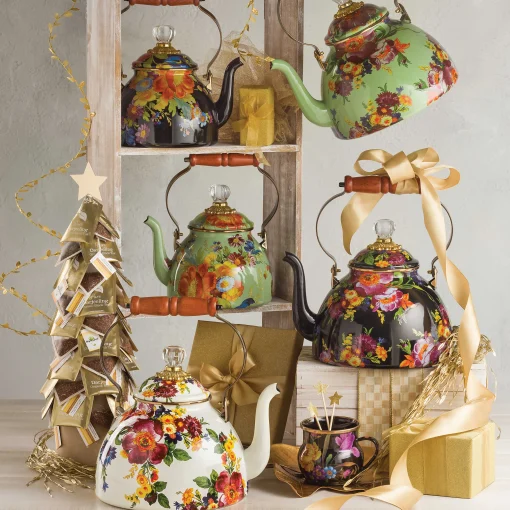 MacKenzie-Childs The Coffee Shop|Tea Kettles<Black Flower Market 2 Quart Tea Kettle