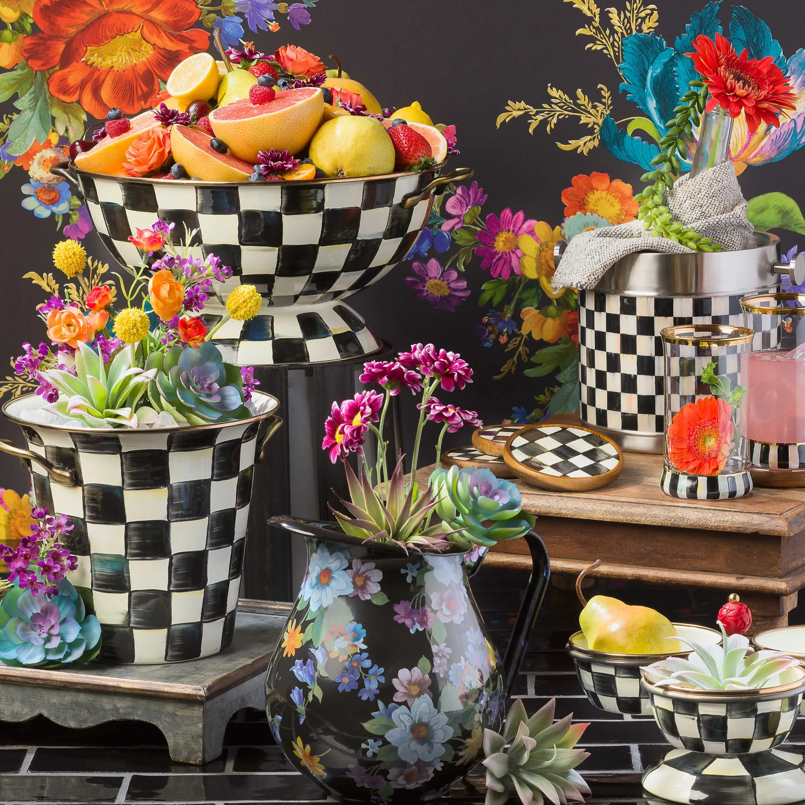 MacKenzie-Childs Bar Entertaining|Serveware<Black Flower Market Pitcher