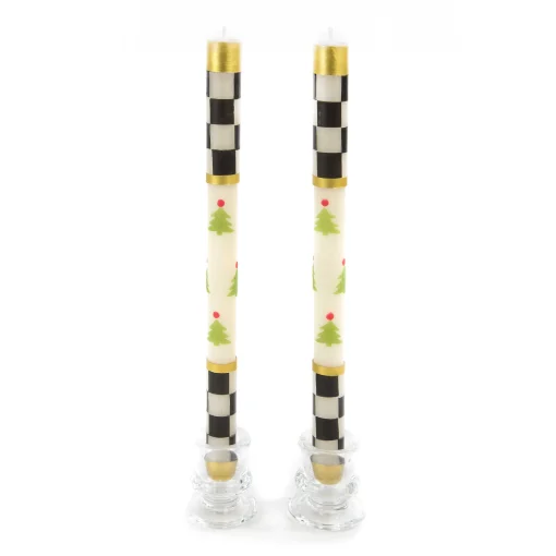 MacKenzie-Childs Holiday|Candles & Fragrances<Christmas Tree Dinner Candles - Check Bands - Set of 2