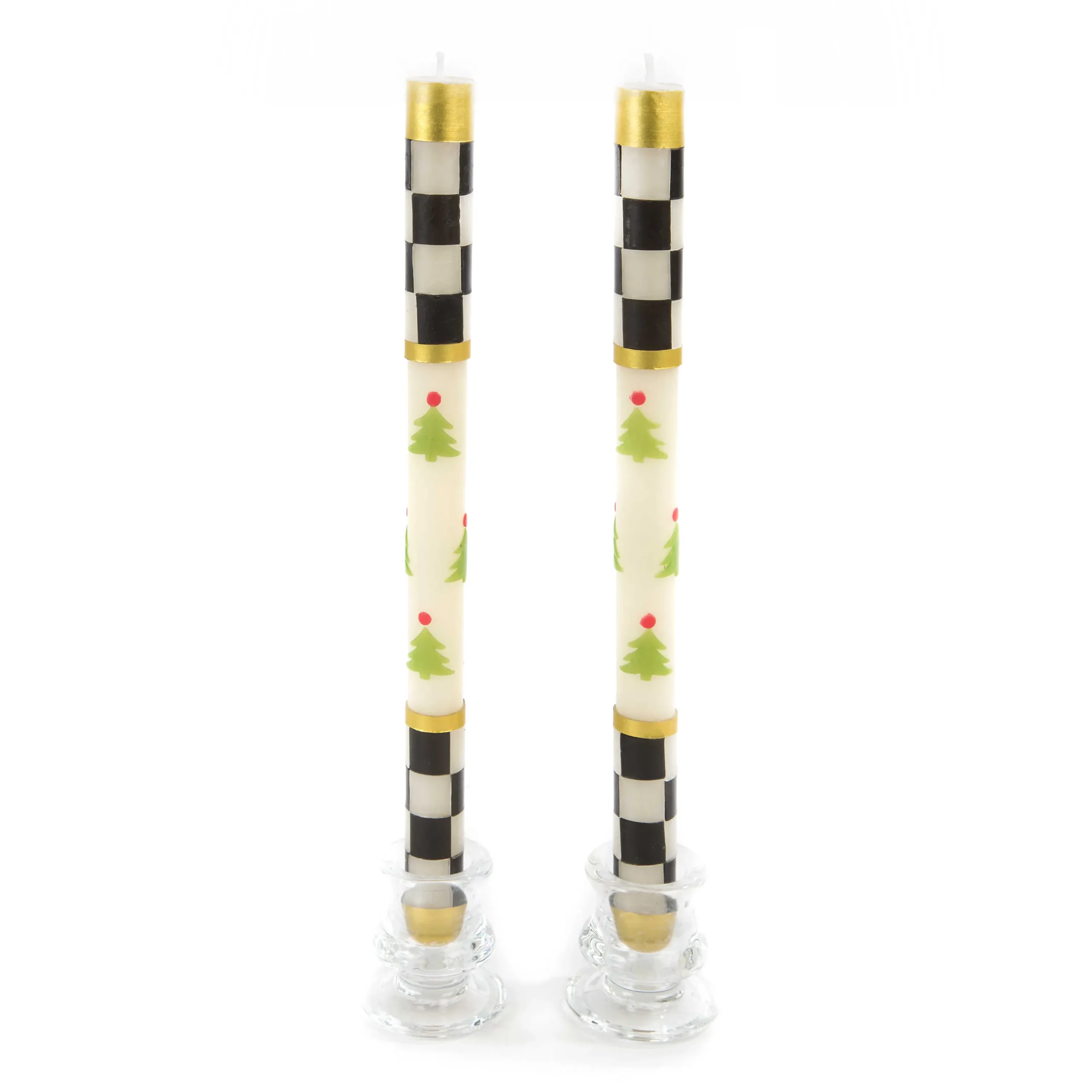 MacKenzie-Childs Holiday|Candles & Fragrances<Christmas Tree Dinner Candles - Check Bands - Set of 2