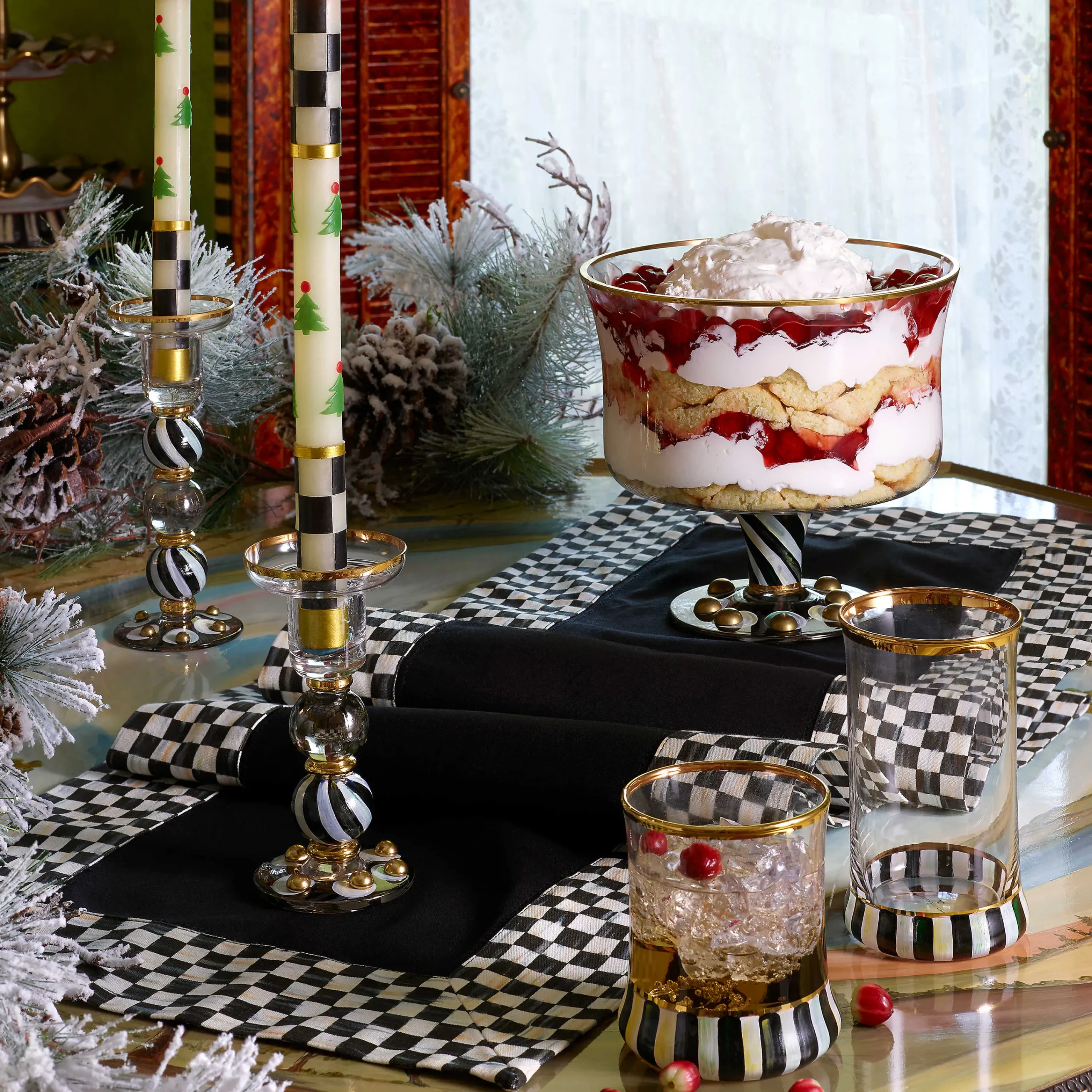 MacKenzie-Childs Holiday|Candles & Fragrances<Christmas Tree Dinner Candles - Check Bands - Set of 2
