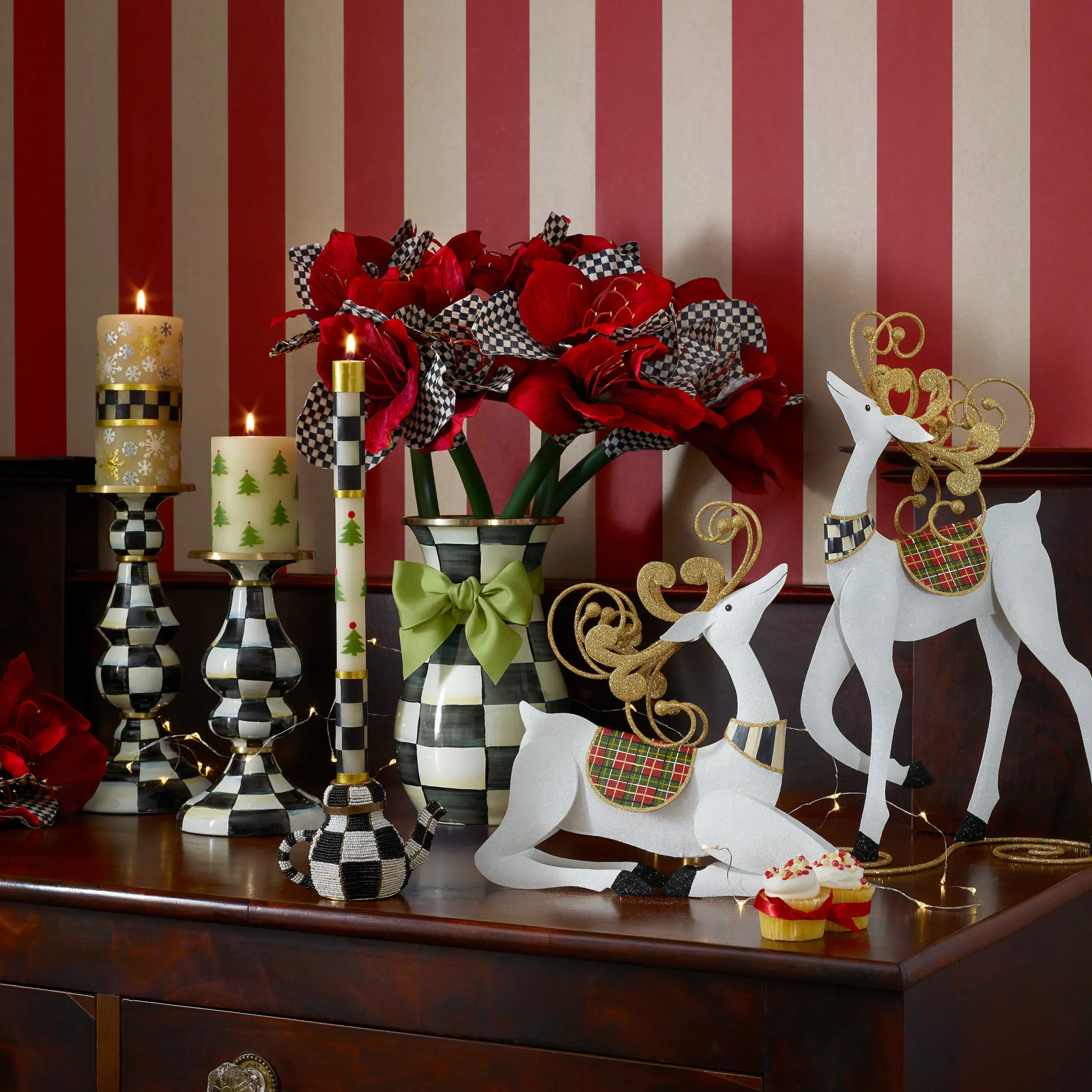 MacKenzie-Childs Holiday|Candles & Fragrances<Christmas Tree Dinner Candles - Check Bands - Set of 2