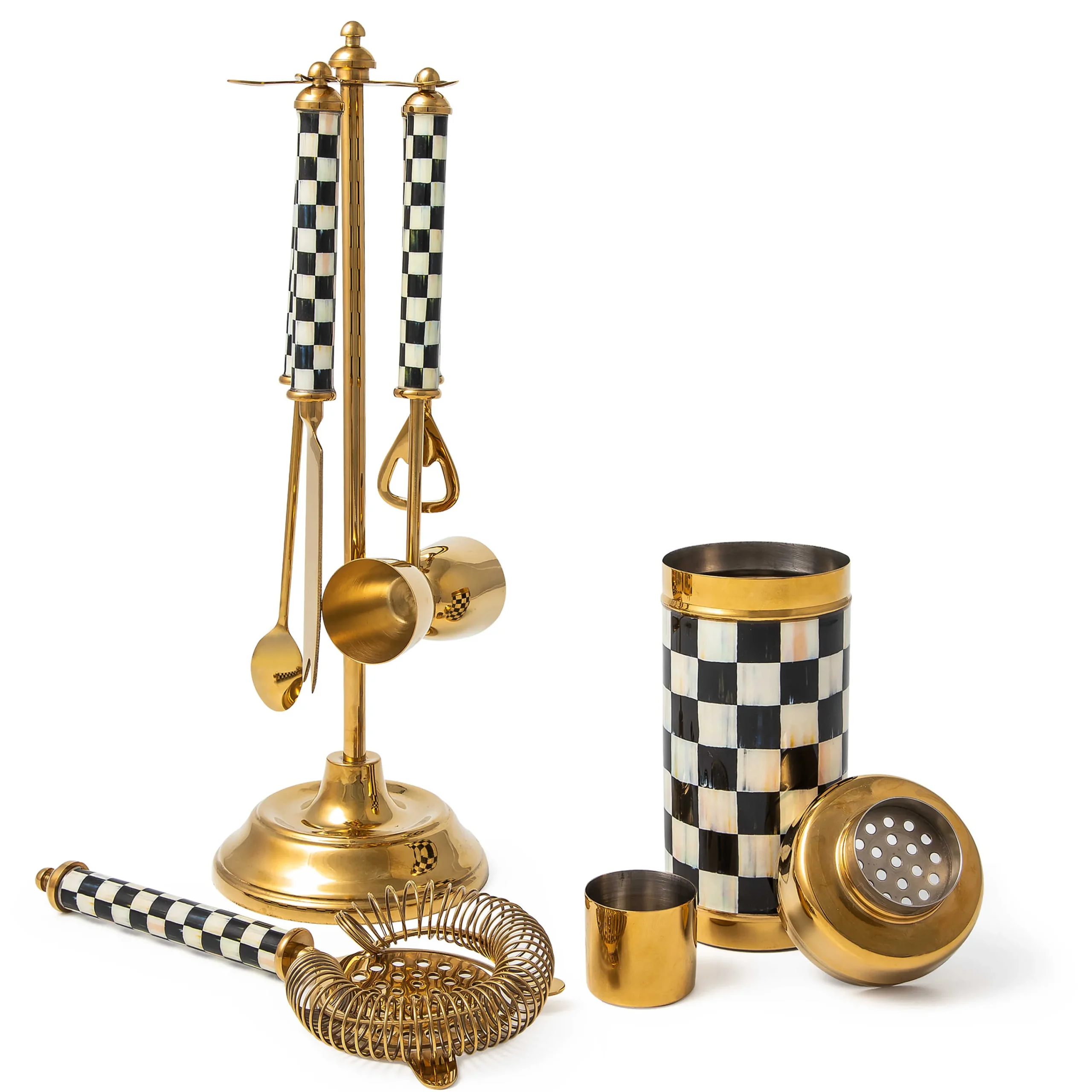 MacKenzie-Childs Holiday|Drinkware<Courtly Check 3260 Gold Edition Bar Set