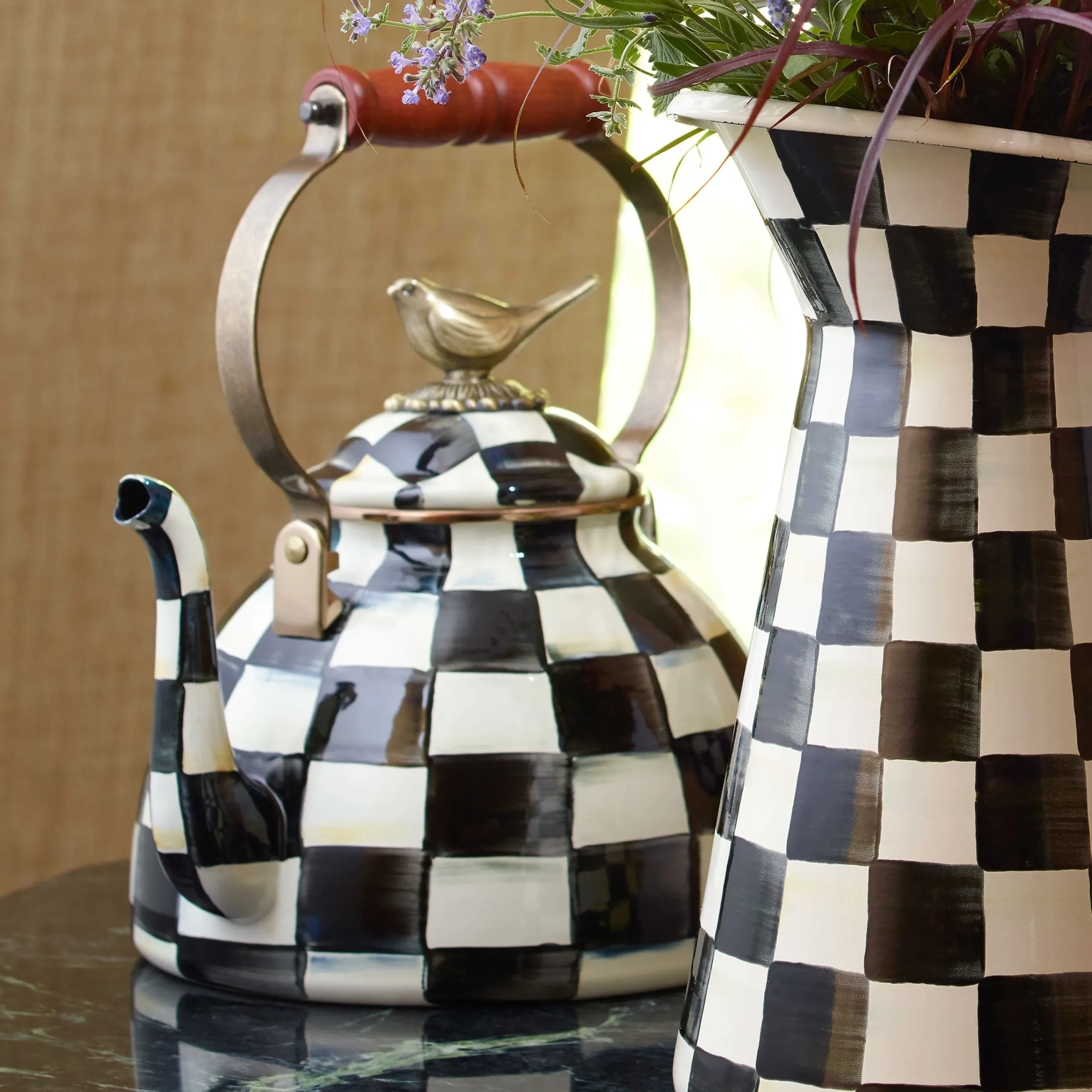 MacKenzie-Childs Cookware & Bakeware|Tea Kettles<Courtly Check 3 Quart Tea Kettle with Bird
