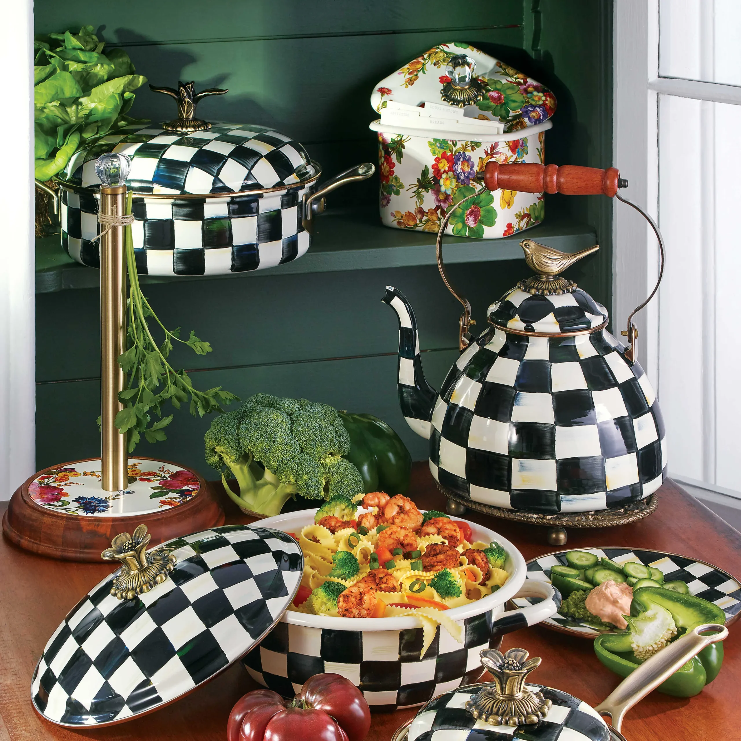 MacKenzie-Childs Cookware & Bakeware|Tea Kettles<Courtly Check 3 Quart Tea Kettle with Bird