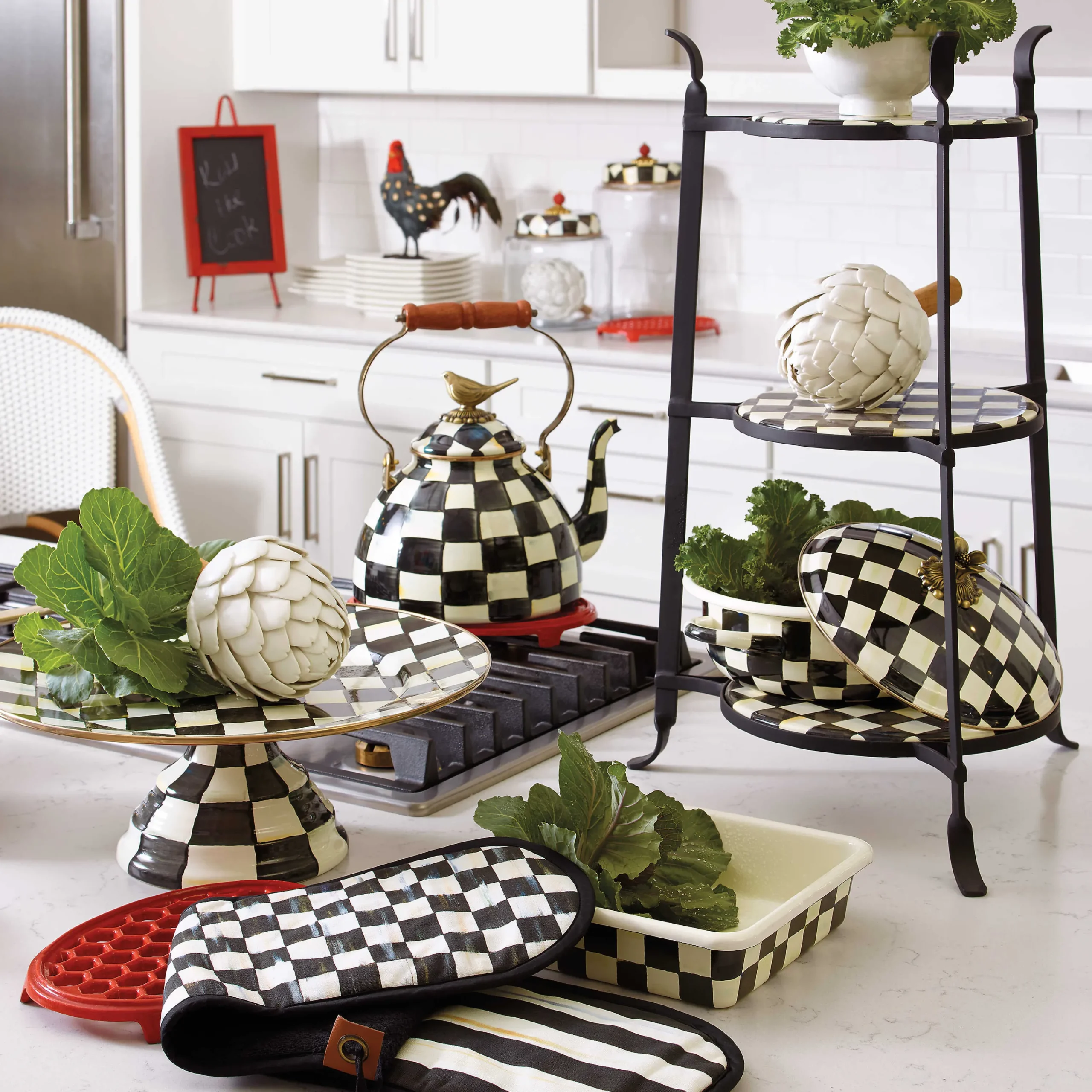 MacKenzie-Childs Cookware & Bakeware|Tea Kettles<Courtly Check 3 Quart Tea Kettle with Bird