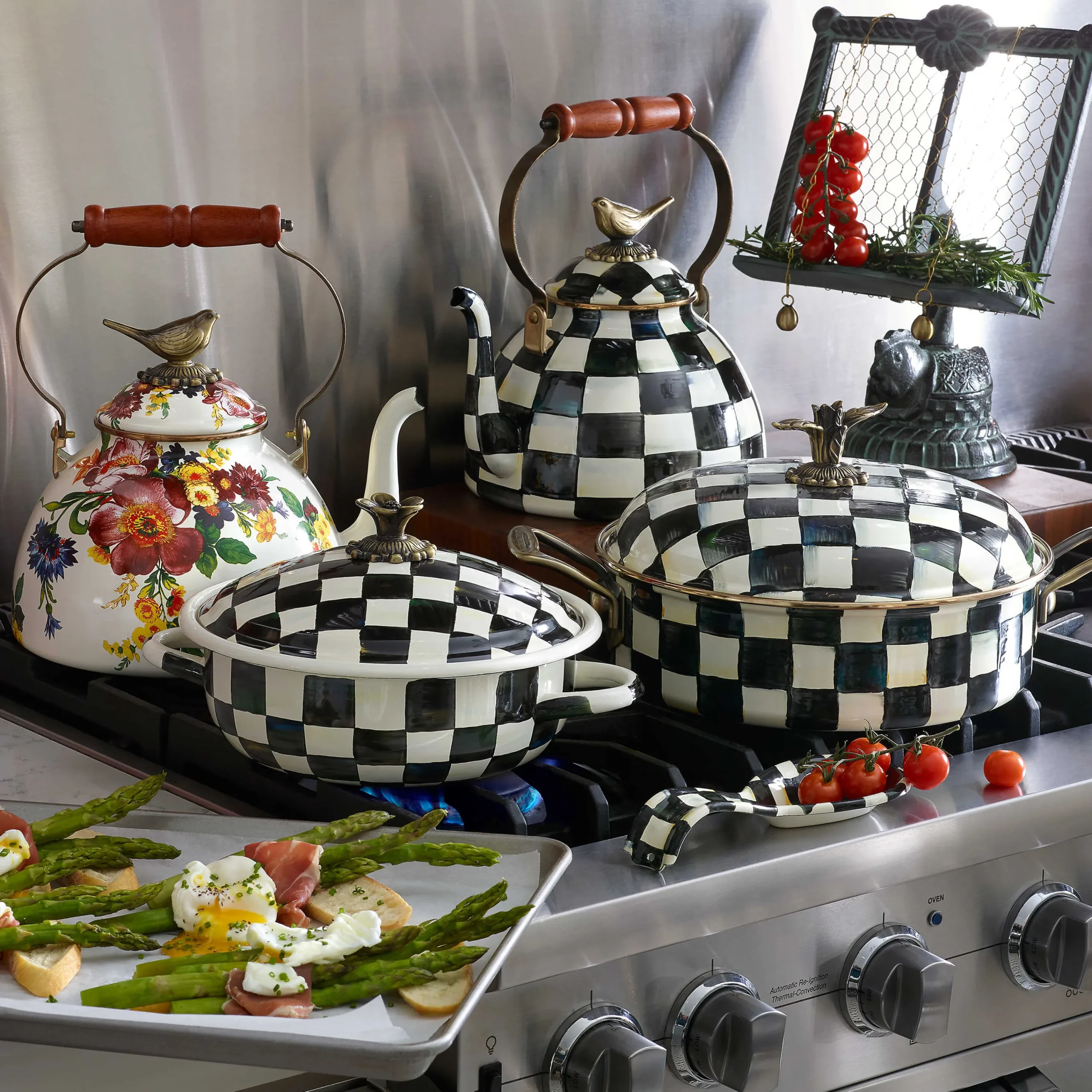 MacKenzie-Childs Cookware & Bakeware|Tea Kettles<Courtly Check 3 Quart Tea Kettle with Bird