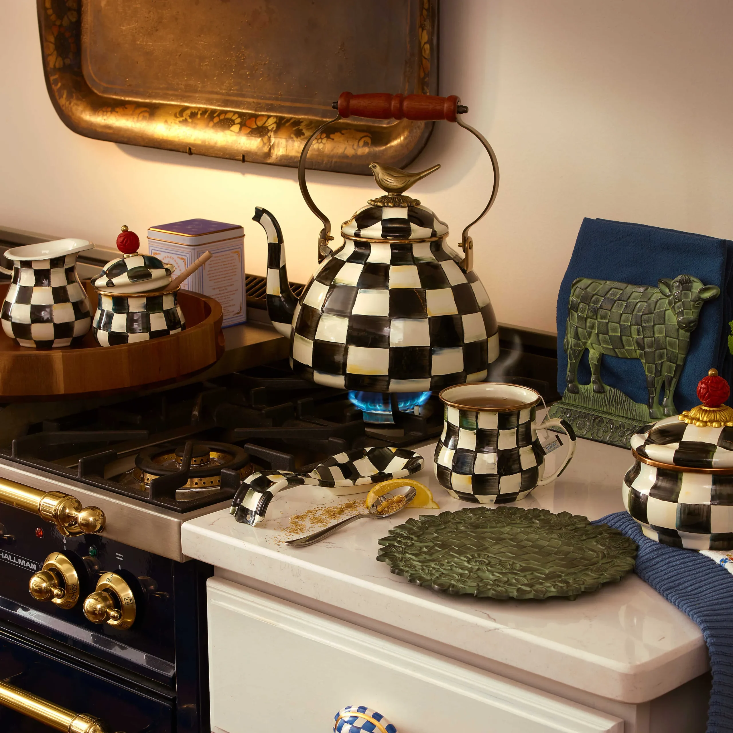 MacKenzie-Childs Cookware & Bakeware|Tea Kettles<Courtly Check 3 Quart Tea Kettle with Bird