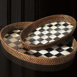 MacKenzie-Childs Fall Entertaining|Bar Entertaining<Courtly Check Rattan  Enamel Large Serving Tray