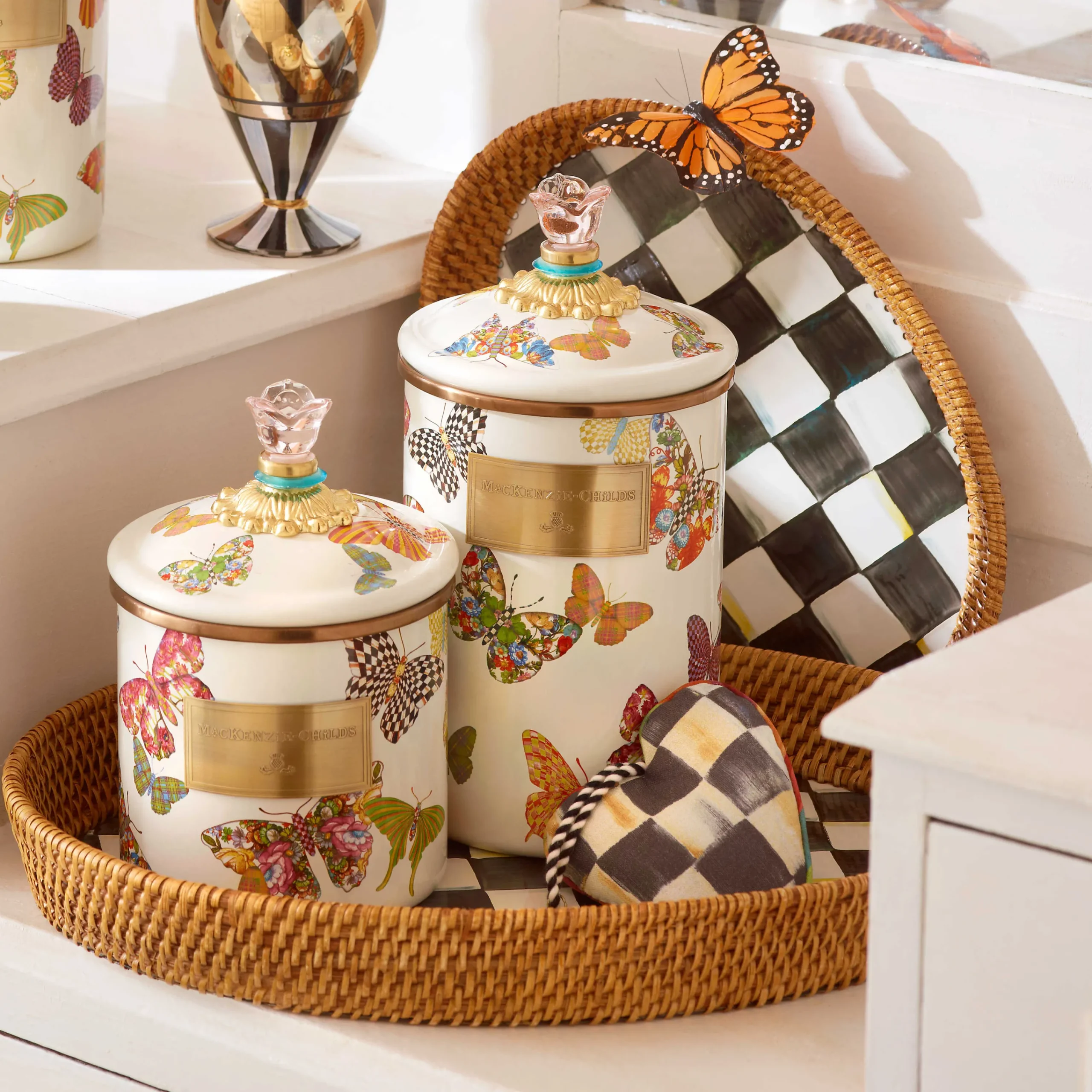 MacKenzie-Childs Fall Entertaining|Bar Entertaining<Courtly Check Rattan  Enamel Large Serving Tray