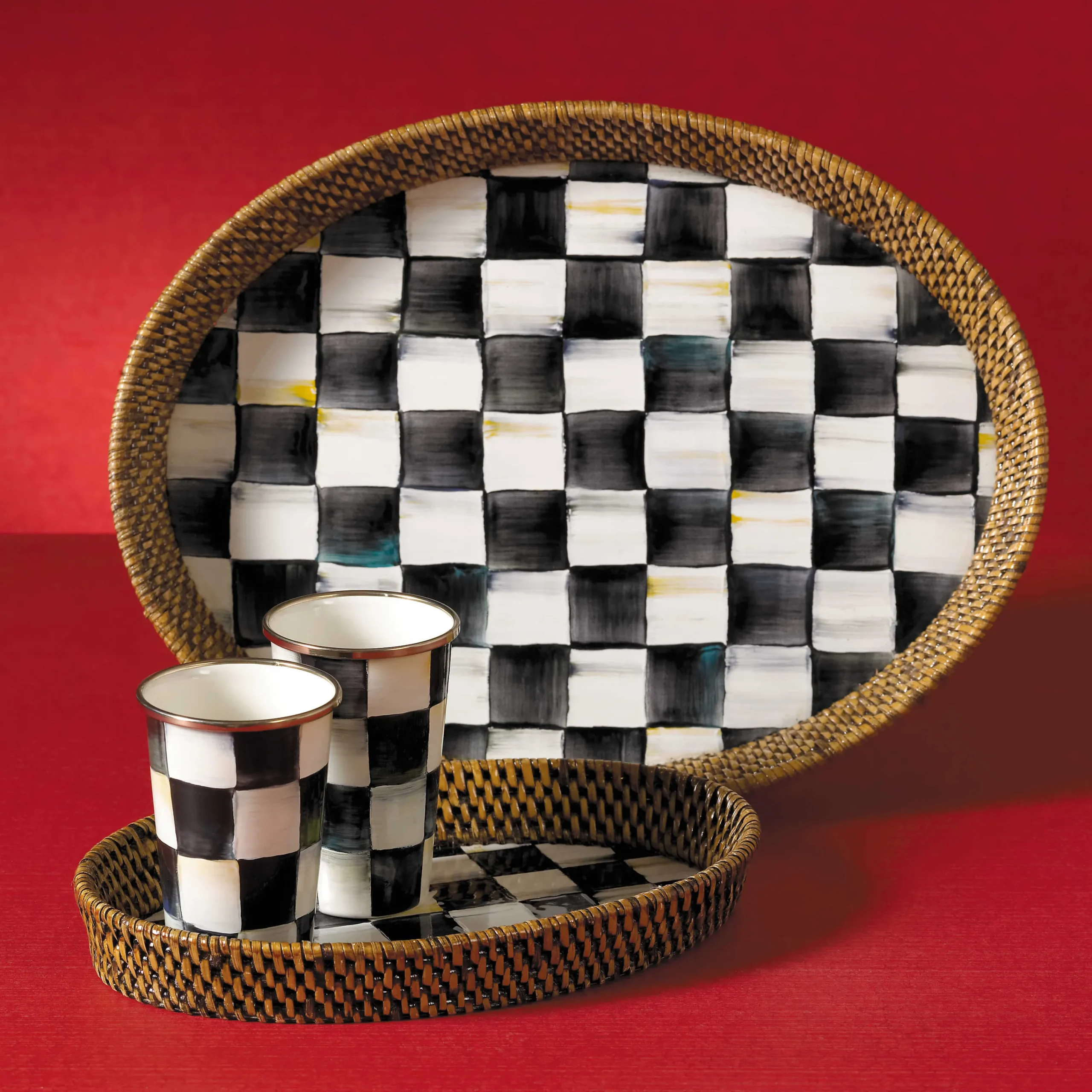 MacKenzie-Childs Fall Entertaining|Bar Entertaining<Courtly Check Rattan  Enamel Large Serving Tray