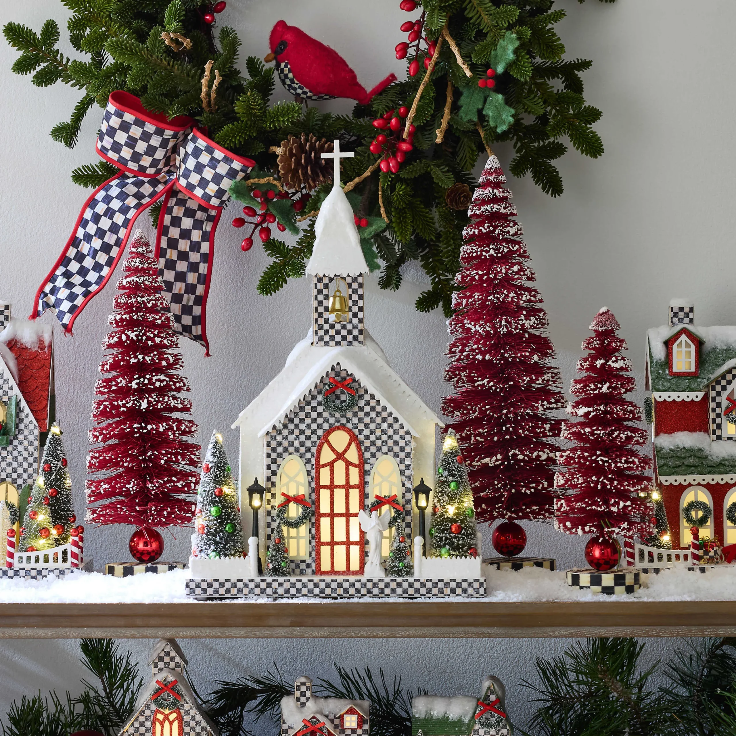 MacKenzie-Childs Room Accents<Cozy Christmas Red Bottle Brush Trees, Set of 3