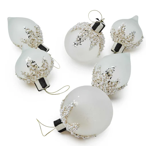 MacKenzie-Childs Holiday<Crystal Palace Pearl Assorted Glass Ornaments, Set of 6