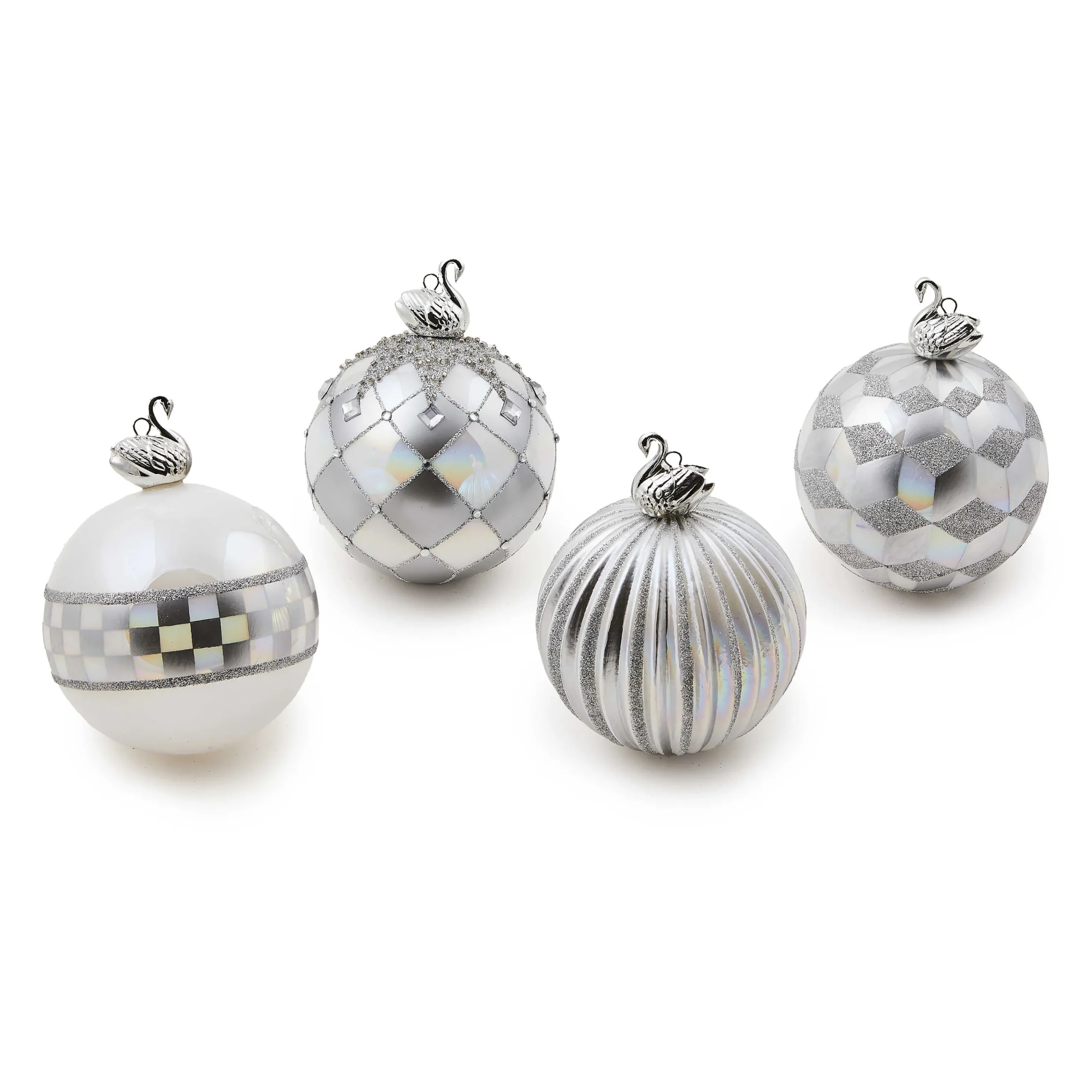 MacKenzie-Childs Holiday<Crystal Palace Swan Glass Ball Ornaments, Set of 4