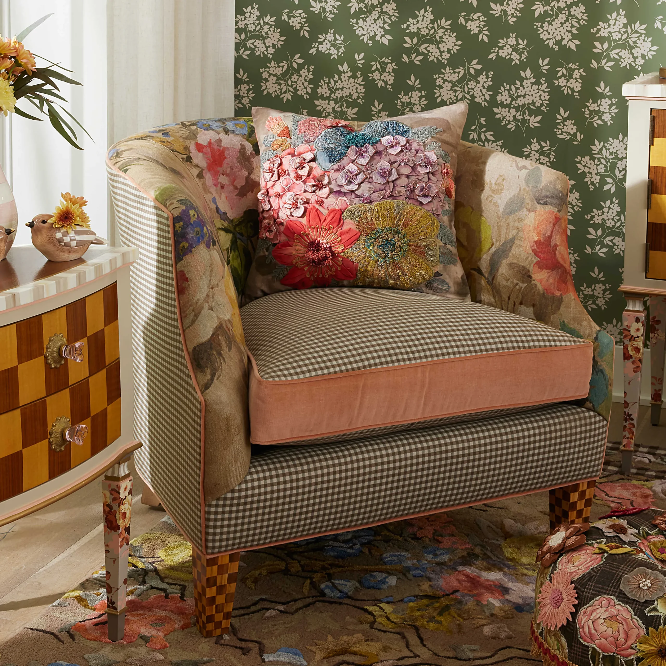 MacKenzie-Childs Living Room<Field Study Floral  Gingham Accent Chair