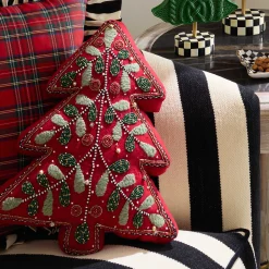 MacKenzie-Childs Pillows, Throws, & Cushions<Holiday Red Tree Shaped Embroidered Throw Pillow