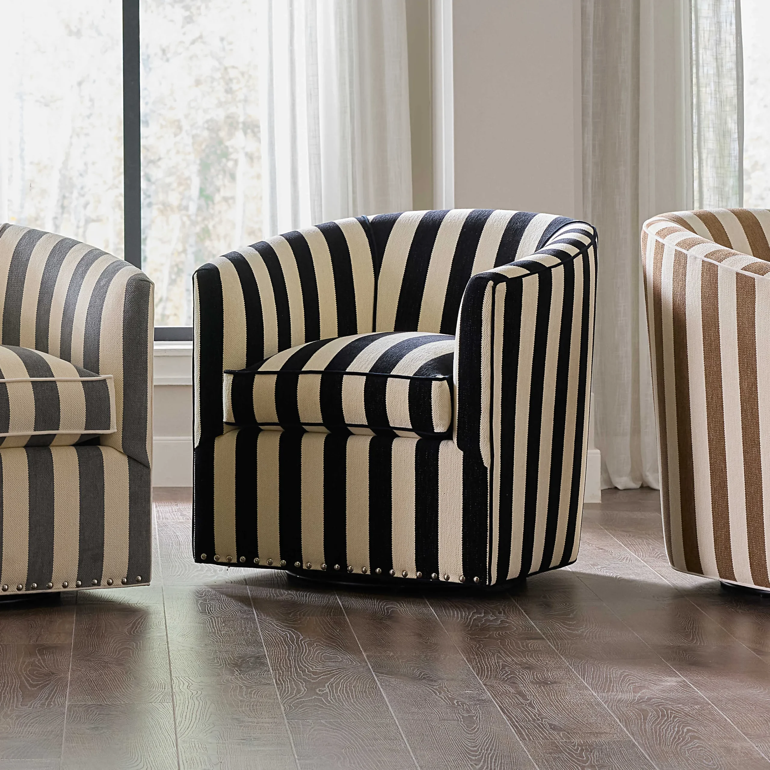 MacKenzie-Childs Living Room<Marquee Black Stripe Chenille Swivel Chair