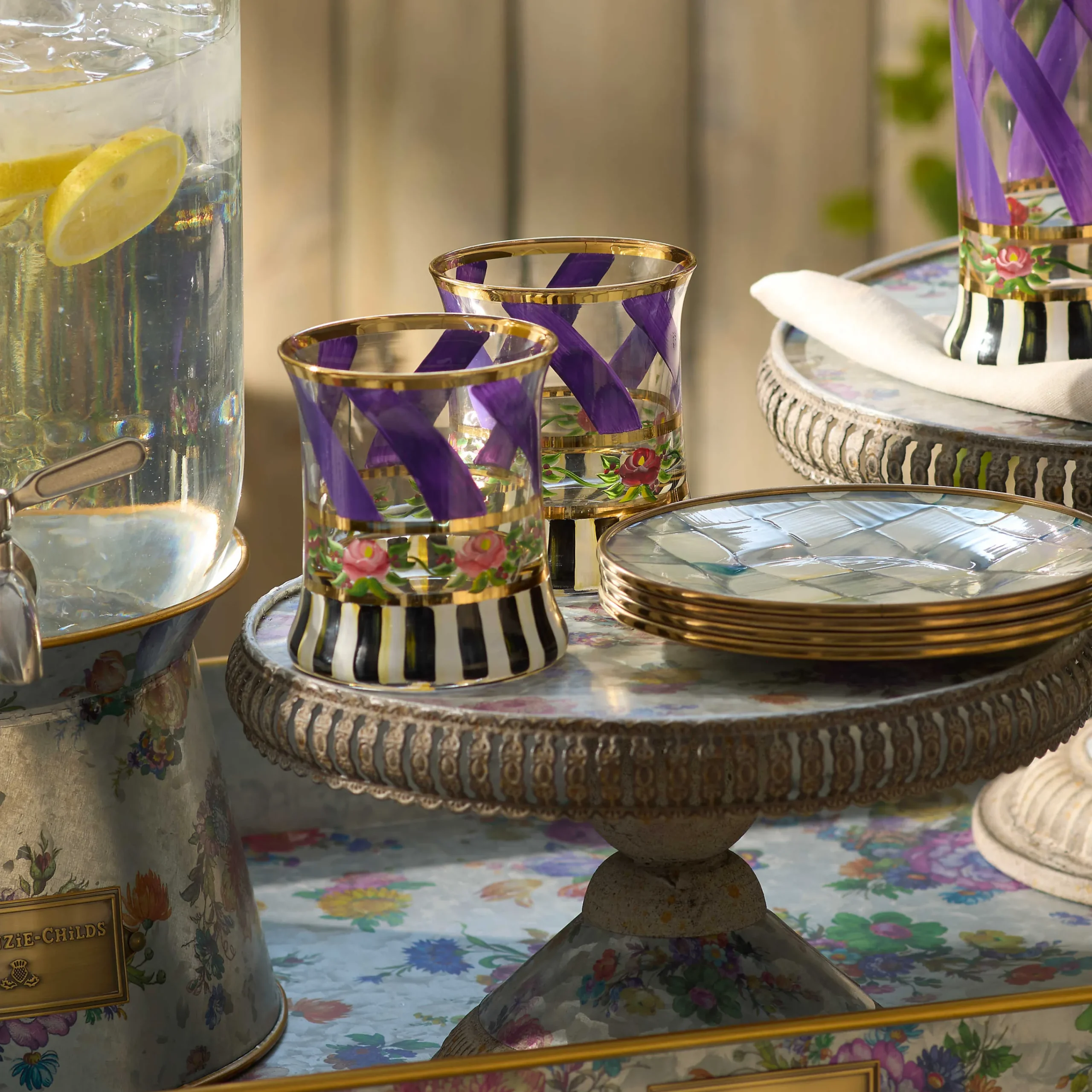 MacKenzie-Childs Drinkware<Maypole Lavender Tumbler Glass, Set of 2