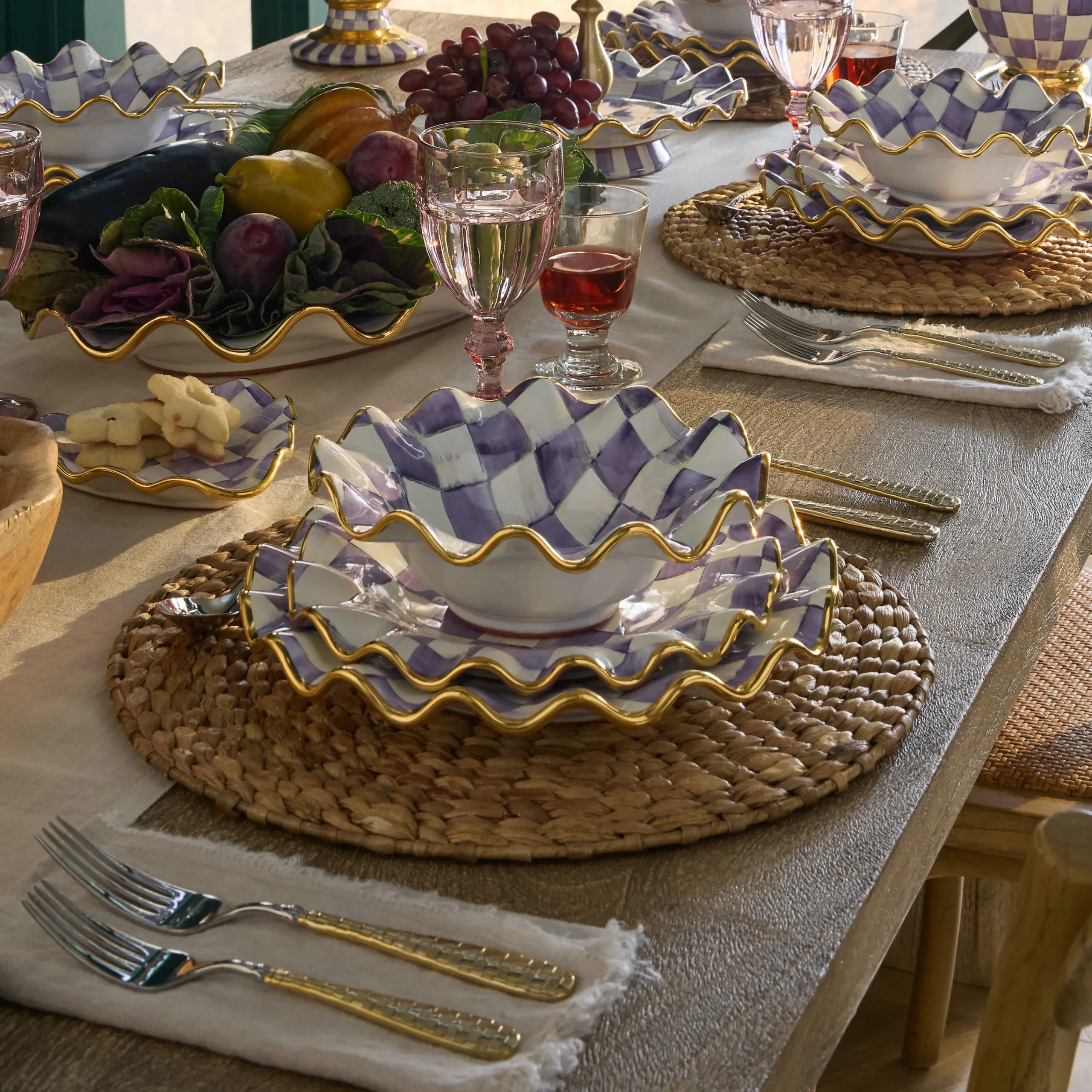 MacKenzie-Childs Dinnerware & Flatware<Plum Check Ceramic Fluted Breakfast Bowl