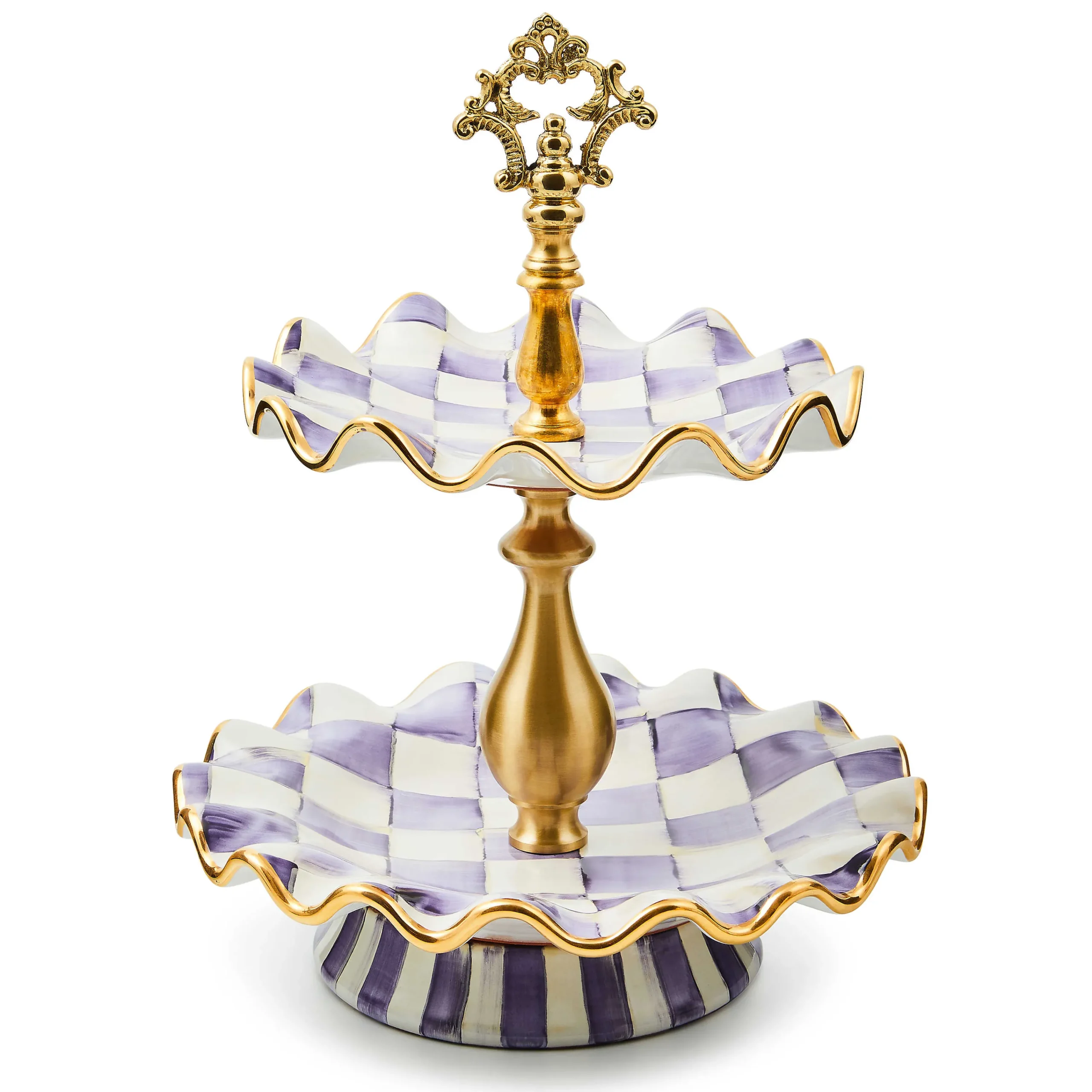 MacKenzie-Childs Fall Entertaining|Serveware<Plum Check Ceramic Two Tier Sweet Stand