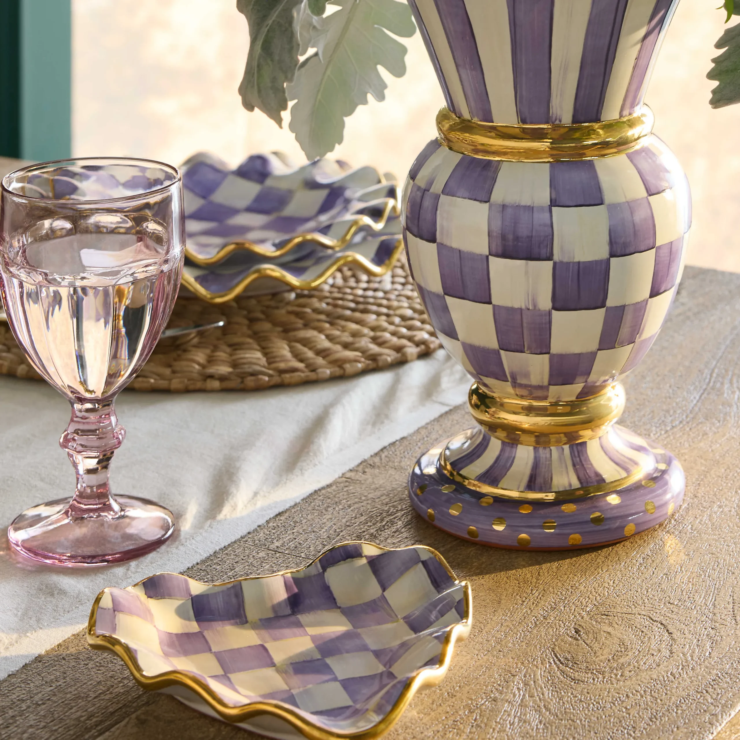 MacKenzie-Childs Room Accents|Serveware<Plum Check Fluted Ceramic Heart Plate