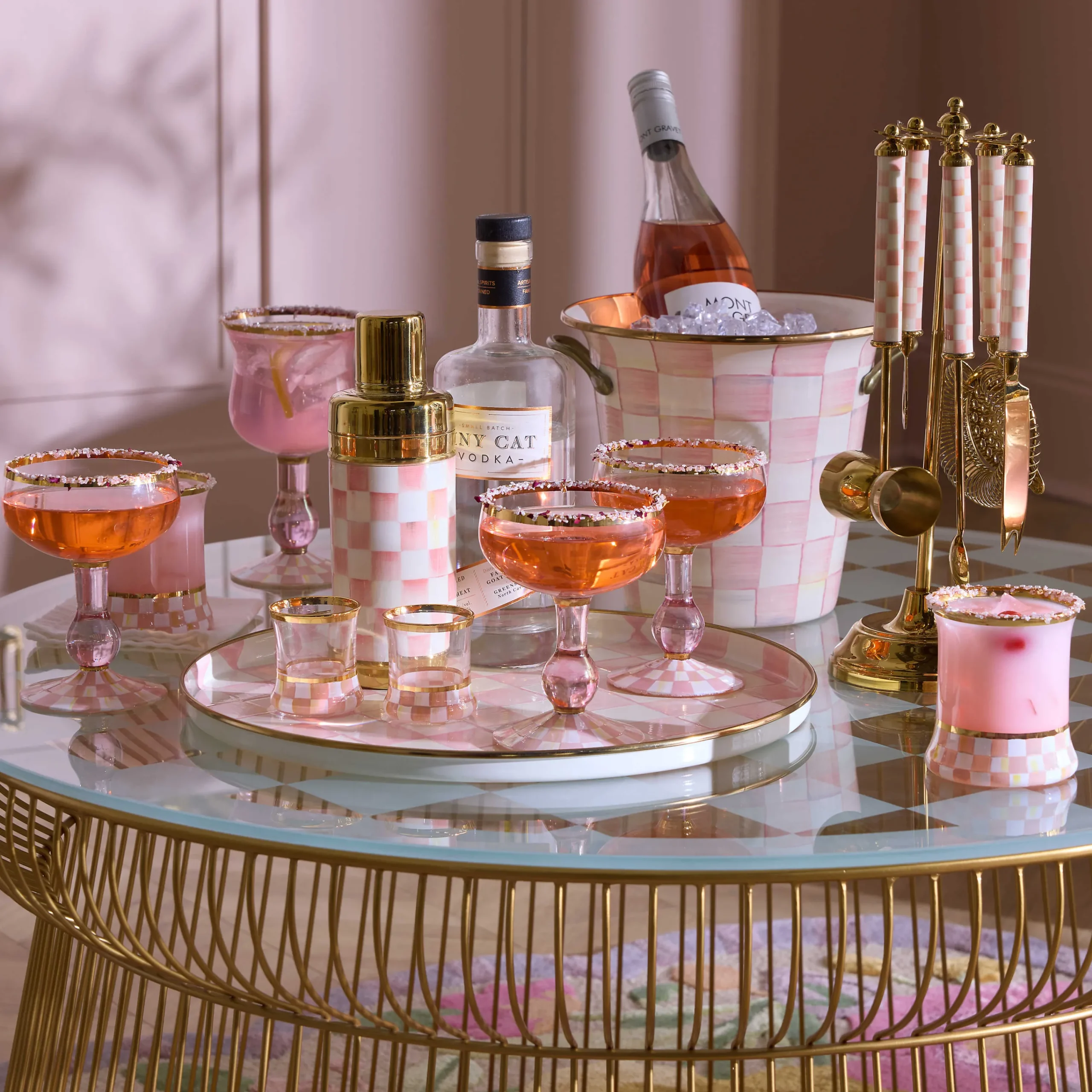 MacKenzie-Childs Spring|Drinkware<Rosy Check Tumbler Glass, Set of 2