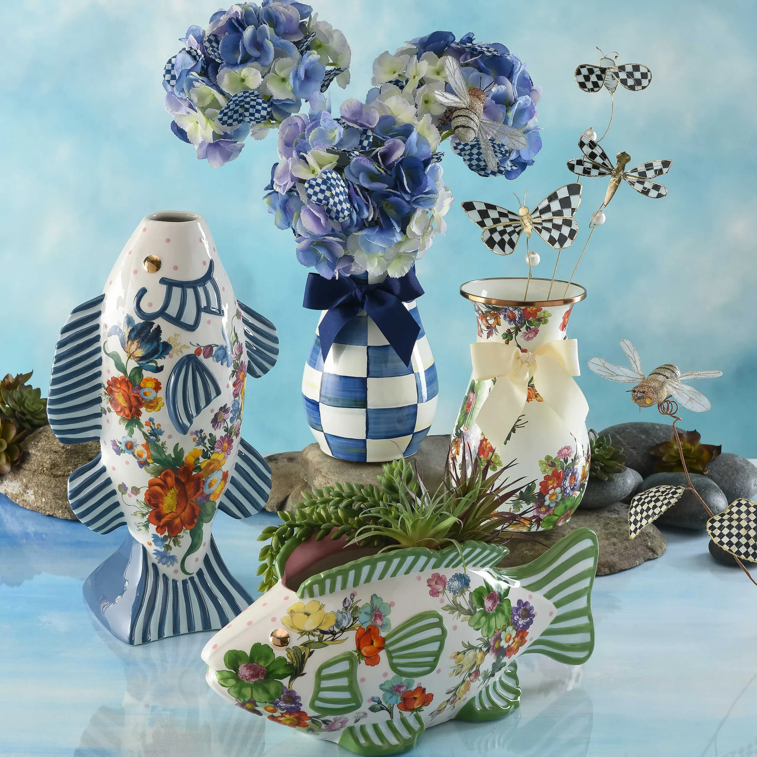 MacKenzie-Childs Spring|Greenery & Florals<Royal Check Blue Hydrangea