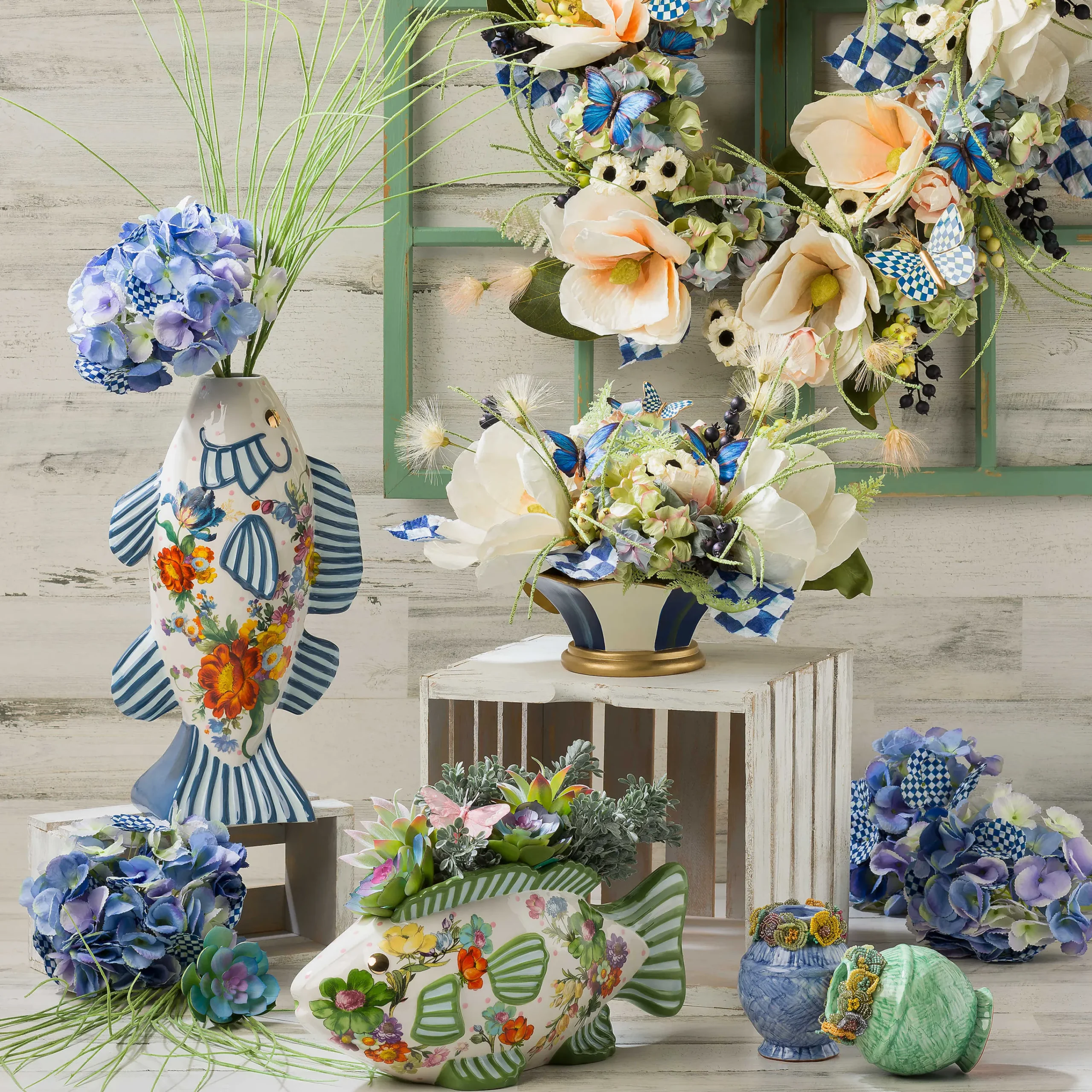 MacKenzie-Childs Spring|Greenery & Florals<Royal Check Blue Hydrangea