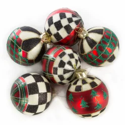 MacKenzie-Childs Holiday<Tartan Glass Ball Ornaments, Set of 6