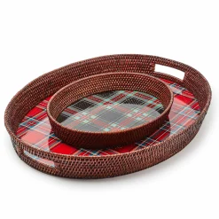 MacKenzie-Childs Serveware<Tartan Large Black Rattan Serving Tray