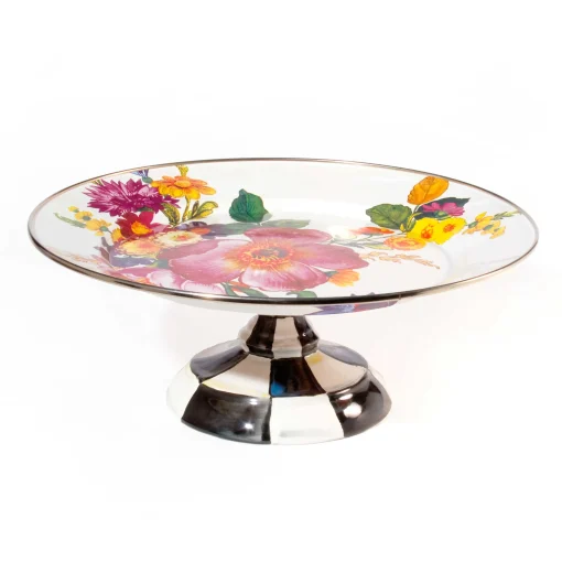 MacKenzie-Childs Serveware<White Flower Market Small Pedestal Platter